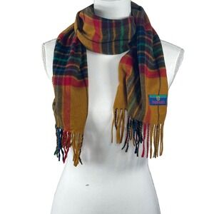 Woodward Vintage Plaid Scarf Mustard Yellow Red Green‎ Tartan Fringe Accent